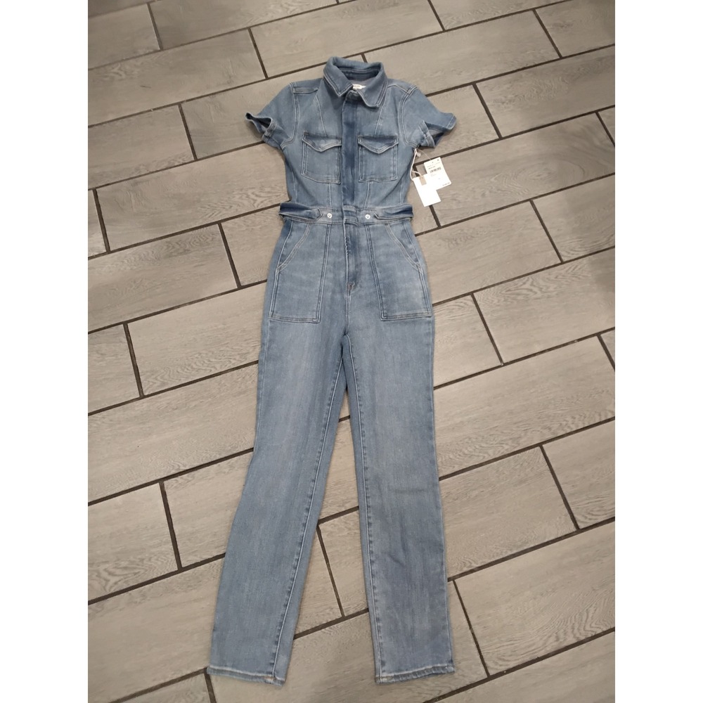 GOOD AMERICAN Denim Short Sleeve‎ Utility Jumpsuit Belted Blue Wash XS